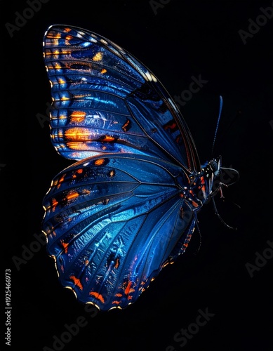 Dramatic Blue Butterfly Profile with Glistening Texture on Black Backdrop