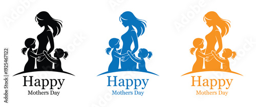 Heartwarming Mother's Day silhouettes featuring mother and daughters in black, blue, and orange