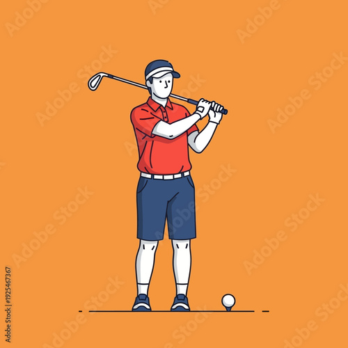 Golfer swinging club on orange background, preparing to hit ball