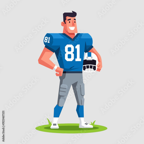 American Football Player in Blue Uniform Holding Helmet, Standing on Grass Field