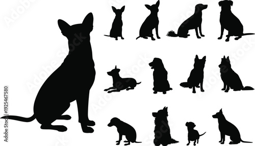 Large collection of black silhouettes featuring various dog breeds in sitting and lying positions isolated on white background for pet care and veterinary concepts