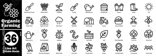 Gardening and farming outline icons set. Sustainable agriculture vector illustration.