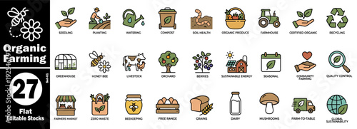 Flat color organic farming icons. Agriculture and sustainability vector illustration.