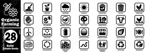 Solid organic farming icons collection for sustainable agriculture vector illustration.