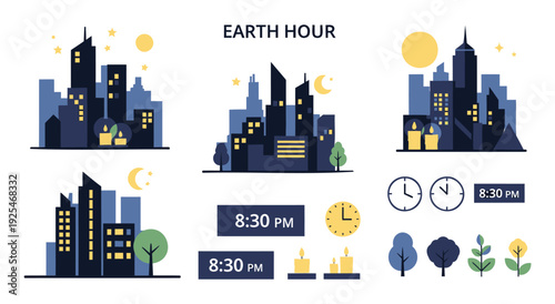 Earth Hour city skyline with candles and clocks