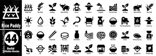 Solid black rice farming icons set. Agriculture business design vector illustration.