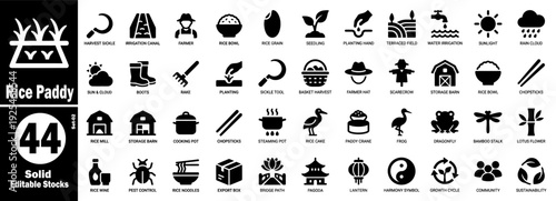 Rice production glyph icons collection. Agricultural infographic vector illustration.