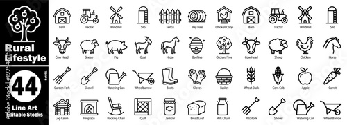 Rural lifestyle line art icons set for farm and countryside themes vector illustration.