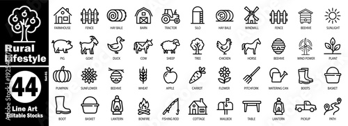 Rural lifestyle line art editable stocks icon set, farm and countryside elements vector illustration.