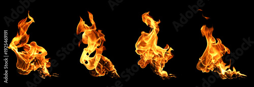 High resolution flame collection isolated on black background, realistic fire blaze with dynamic motion and glowing orange light. Abstract heat energy concept for design, overlay, visual effect.
