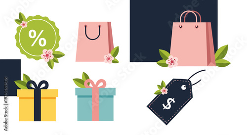 Shopping and Gift Icons Set with Discount Tag and Gift Boxes.