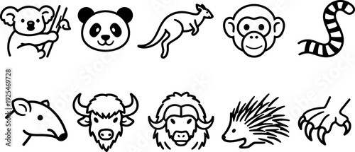 Collection of cute, simple line art icons representing various animals from around the world
