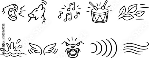 Collection of hand-drawn icons representing sounds, animals, and nature elements