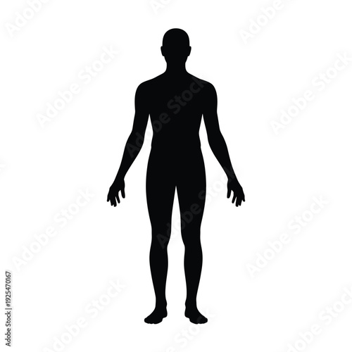 A stark silhouette of a human figure standing in a frontal pose