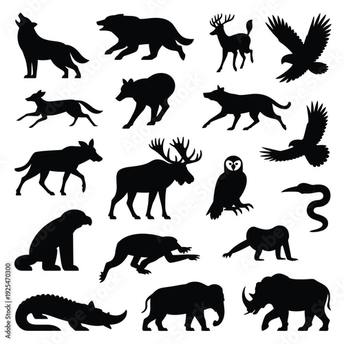 Silhouettes of diverse north american wildlife including mammals and birds