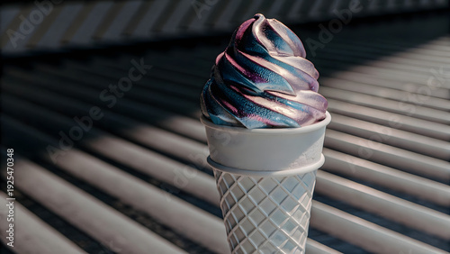 A macro shot of futuristic holographic ice cream in electric blue and magenta inside a crisp white cone. Glitter flows over its liquid, undulating surface. Glossy, unreal aesthetic.