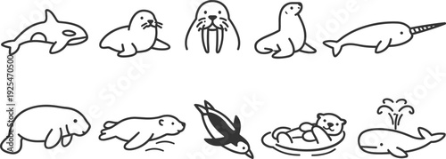 Collection of cute hand-drawn marine animals in a simple line art style