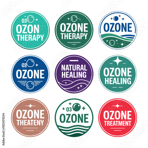 A collection of colorful ozone therapy logos and badges