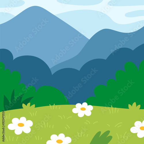 Square background with mountains and meadow with white flowers. Peaceful nature scene in flat vector style. Perfect for outdoor themes and kids design