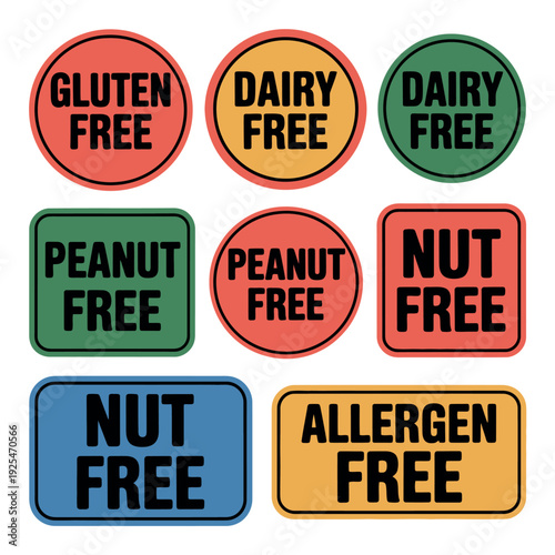 A collection of colorful food allergy labels on a white background