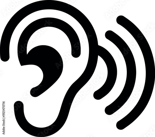 A black icon of a human ear with sound waves
