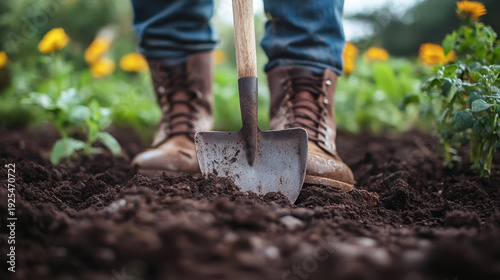 Gardener digging in the garden. Soil preparing for planting in spring.