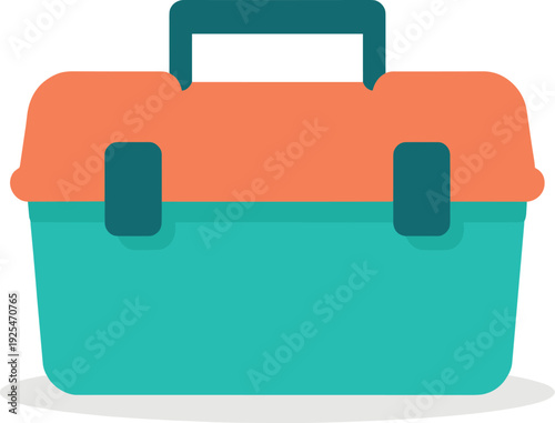 Simple cartoon illustration of a vibrant orange and blue plastic toolbox