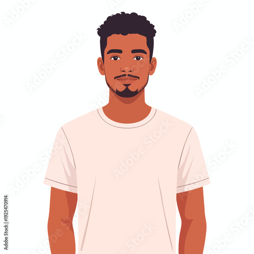Illustration of a young man with a neutral expression standing against a plain background