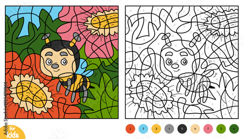 Cute bee character on flower meadow background. Color by number page for kids about insects. Educational activity game for preschool and kindergarten children to learn numbers and colors