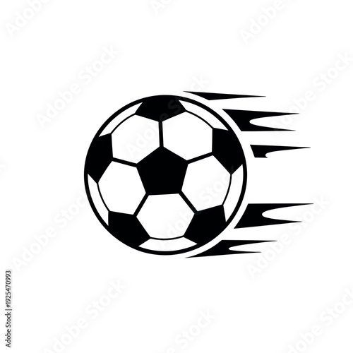A black and white illustration of a soccer ball in motion