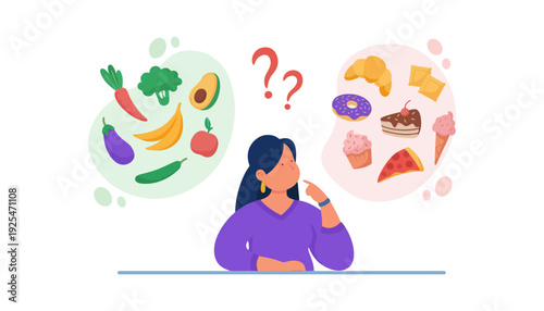 A woman considering healthy and unhealthy food options in illustration form