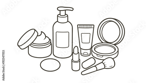 Collection of cosmetic products arranged for beauty and skincare routines.