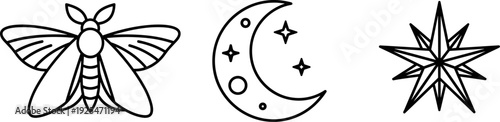Minimalist line art of a moth, crescent moon with stars, and a starburst