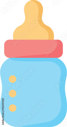Isolated baby bottle with blue container, pink ring, and beige nipple on white background