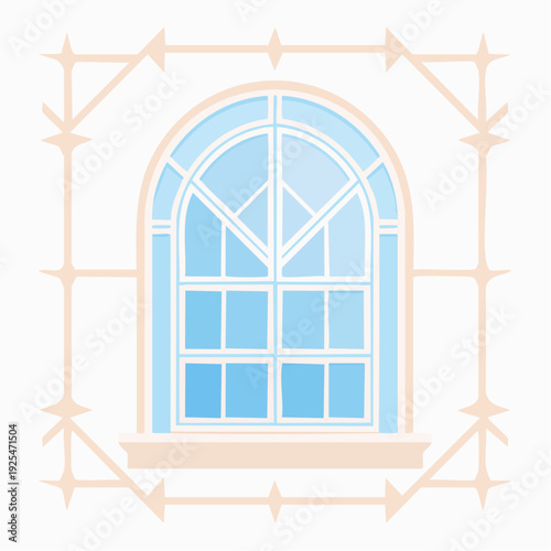 Classic arched window with decorative frame and light blue glass panes