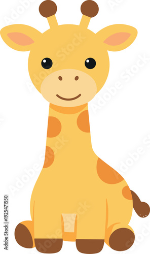 Cartoon giraffe sits down and smiles against a white background