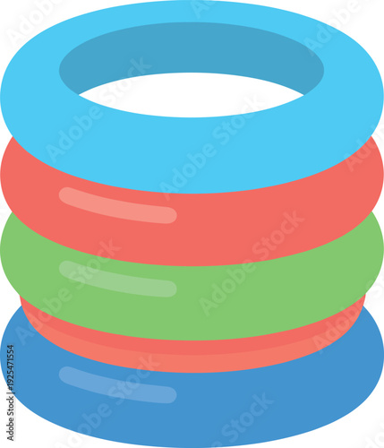 Stack of colorful plastic rings, a baby or toddler stacking toy