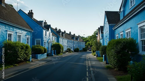 Charming Blue Houses Lining a Quiet Suburban Street on a Sunny Day