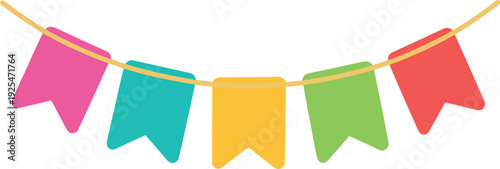 Festive banner with colorful flags hanging from a string decoration on white