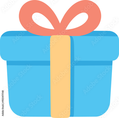 Illustration of a light blue gift box with a peach ribbon and a yellow stripe