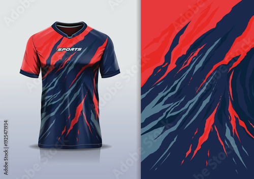 T-shirt mockup abstract texture grunge sport jersey design for football, soccer, racing, esports, running, red gray blue color
