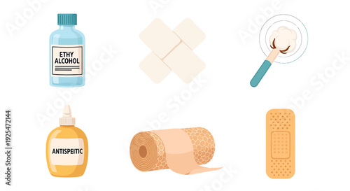 First Aid Kit Essentials Alcohol Antiseptic Bandages and Tweezers for Minor Injuries.