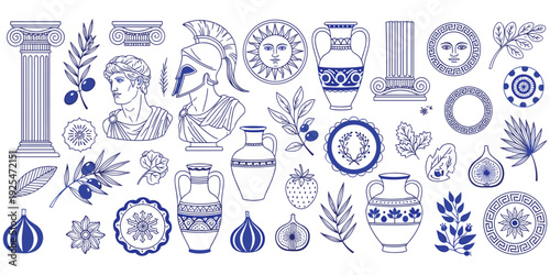 Ancient Greek art illustration, classical heritage artwork, mythological culture design tribute, historical , traditional artifact concept, cultural symbolism theme flat vector illustration