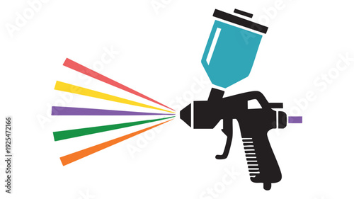 Vibrant spray paint gun with colorful rainbow effect - flat illustration