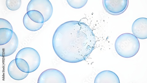 A dynamic composition of clear blue bubbles with one central bubble bursting in a refreshing water splash against a clean white background