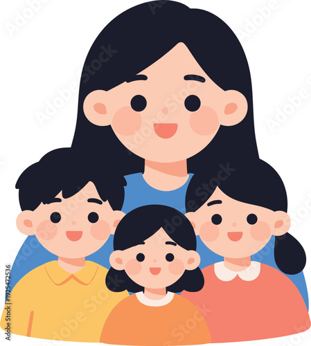 Loving mother embraces her three children in a warm and comforting illustration