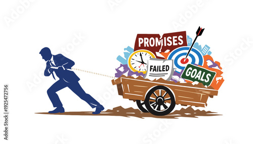 A businessman struggles to pull a wagon filled with failed goals and promises