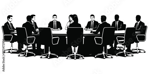 Business conference meeting silhouette illustration, corporate teamwork artwork, leadership communication design tribute, office governance concept, decision-making theme flat vector illustration