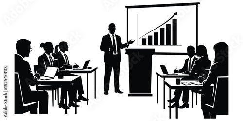 Business meeting presentation silhouette illustration, corporate teamwork artwork, leadership communication design tribute,office data analysis concept, growth planning flat vector illustration