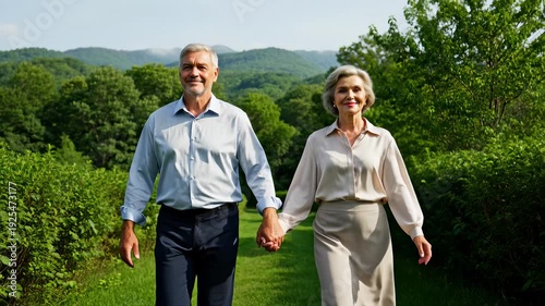 Elderly Couple Holding Hands Walking Through Lush Green Landscape With Rolling Hills in Background